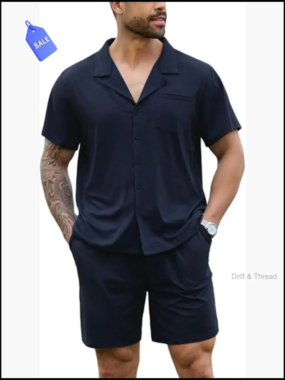 Men's Cotton Pajama Set - Short Sleeve Button Down Lounge Set with Pockets